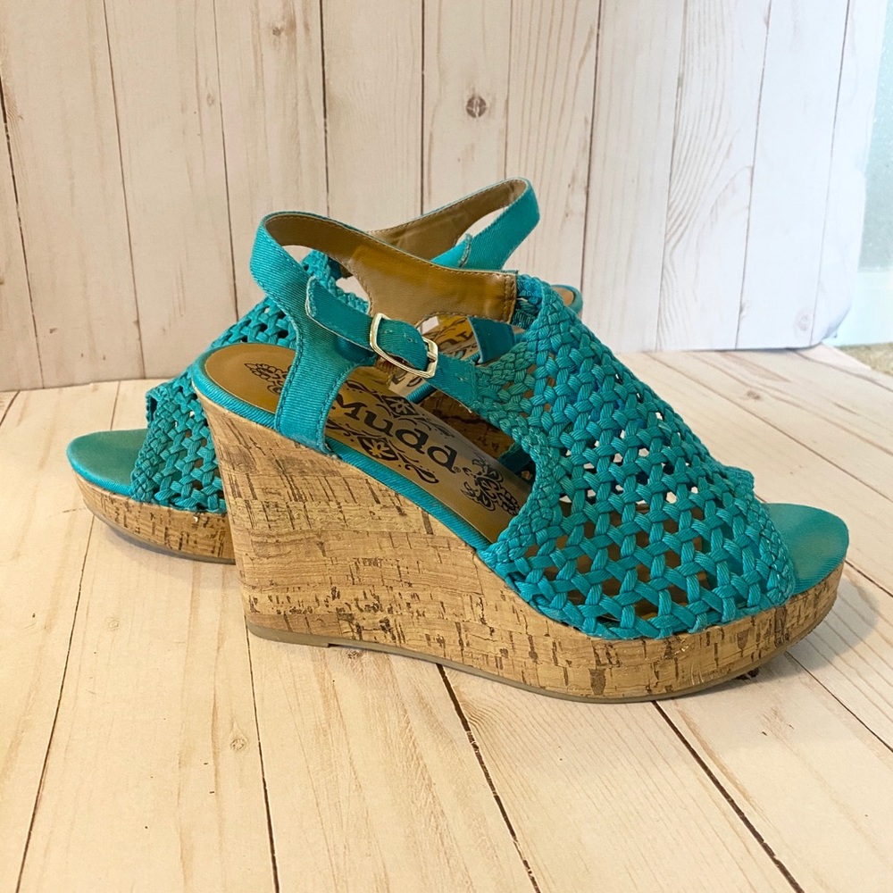{Mudd} Turquoise Crochet Wedge Sandals